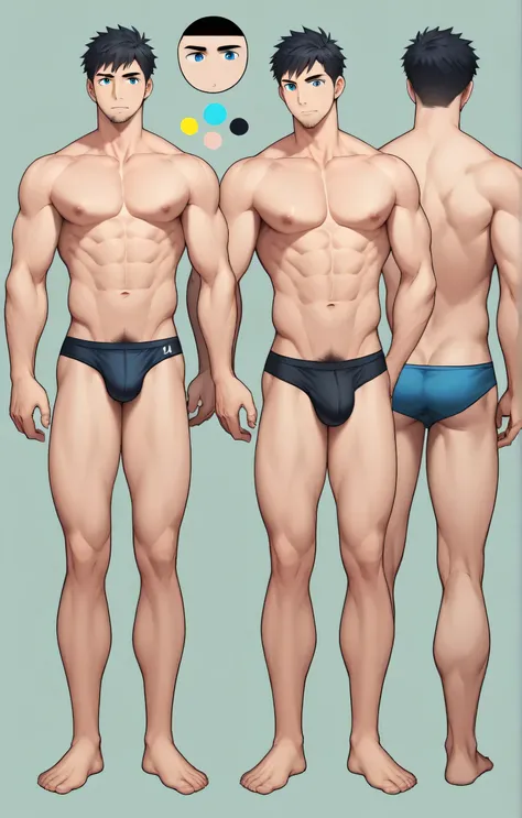 1boy, single, reference sheet, character design, front angle, side angle, left side angle, right side angle, dynamic poses, (masterpiece:1.2), (best quality:1.3), (reference sheet:1.5), adult anime male, huge man, very tall man, masculine body, muscle body...