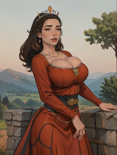 Gorgeous and sultry busty athletic (thin) brunette queen with sharp facial features wearing a modest updo, dark red medieval dress, long sleeves, intricate patterns, scrollwork, wide neck, crown, veil, long dress, modest dress, tight bodice, silver belt, (...