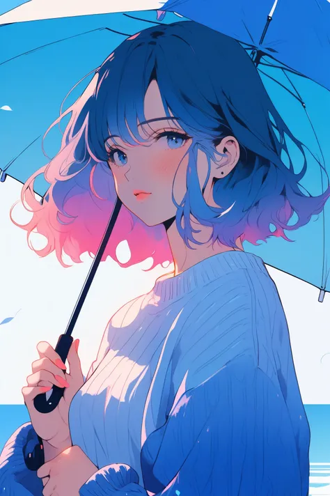 Illustrator, anime , Realistic ,sketch , One person, ,lip, sweater,order, Blue gradient background, Neon Hair,textured crop, Canadian, (masterpiece,Highest quality)、Swimwear、summer、Parasol