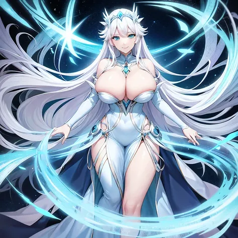 Anime ice princess full body view with perfect hands, huge Breasts,white hair, aqua eyes, ice woman, hands hidden, living room, smile