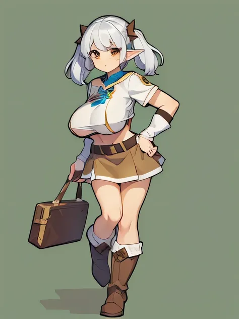 (girl tanned elf:1.1), (solo), (huge tits), (short silver hair twintails), (white crop top), (brown skirt:1.1), (long white sock...