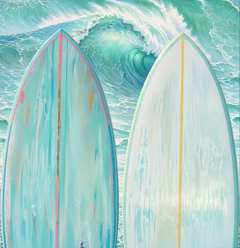 there are two surfboards standing in the water next to each other, an oil painting. wave, standing on surfboards, rob rey and ke...