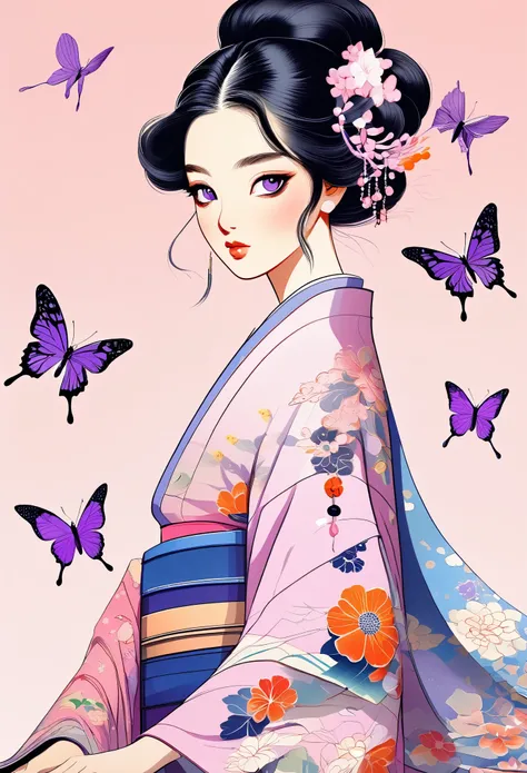 A mesmerizing surreal illustration of a young japanese woman resembling Shinobu Kouchou. She has black hair, purple eyes, a butterfly hair ornament, and wears a vibrant pastel colored outfit adorned with intricate floral patterns. Freckles dot her smooth, ...