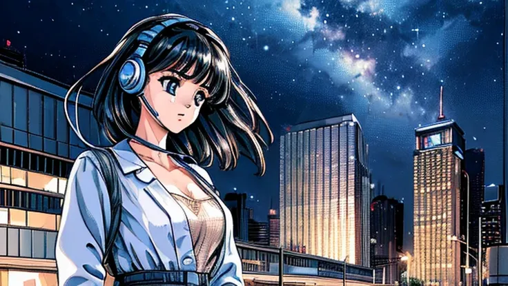 ((masterpiece)),(((highest quality))),((super detailed)) realistically, 1 girl, beautiful, wearing headphones, one person　 watch...