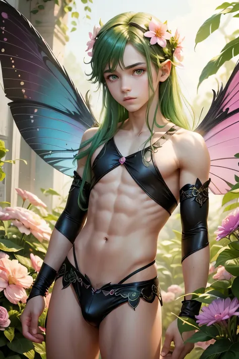 1boy, young male, teen, fairy, innocent face, cute face, youthful face, black eyes, fairy wings, flower fairy wings, pink fairy wings, long hair, green hair, thin body, short, sexy, skimpy, jockstrap, flowers, plants on body, plant body, flowers in hair, p...