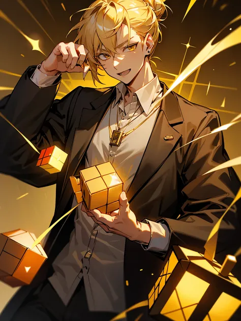 blonde hair, golden eyes, hair tied up into a bun, yellow detailed light from rubiks cube, black jacket, golden shirt, mature ma...