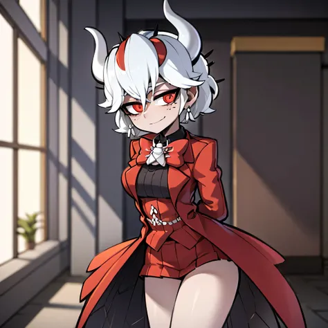 beelzebub(helltaker), red bowtie,1girl, looking at viewer, red eyes, demon horns, white hair, smile, earrings, closed mouth, demon girl, red gloves, gloves, jewelry, horns, white horns, solo, hair between eyes, cowboy shot, solo, short hair, school uniform...