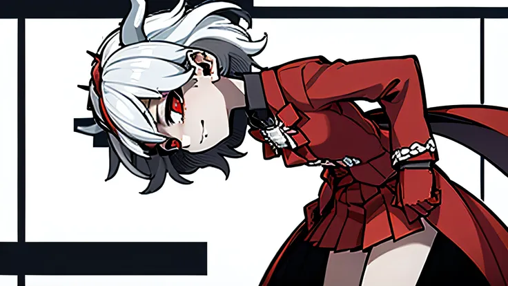 beelzebub(helltaker), red bowtie,1girl, looking at viewer, red eyes, demon horns, white hair, smile, earrings, closed mouth, demon girl, red gloves, gloves, jewelry, horns, white horns, solo, hair between eyes, cowboy shot, solo, short hair, school uniform...