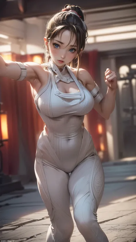 fighting pose,street fighter action image,cammy white costume,(Thin type:1.8),(big breasts),(random hairstyle),(Highest image quality,(8k),ultra-realistic,best quality, high quality, high definition, high quality texture,high detail,beautiful detailed,fine...