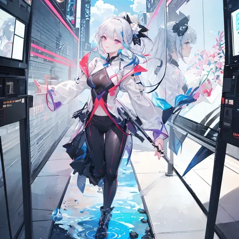 Beautiful woman, cute, A dignified expression, smile, Fleeting Expression, Transparency, ponytail, Forward Shorthair, Black Hair, Blue Hair, Silver Hair, flower, Cool, Clear sky, The wind is blowing, Gradient Hair, Ray Tracing, reflected light, Anime Style...