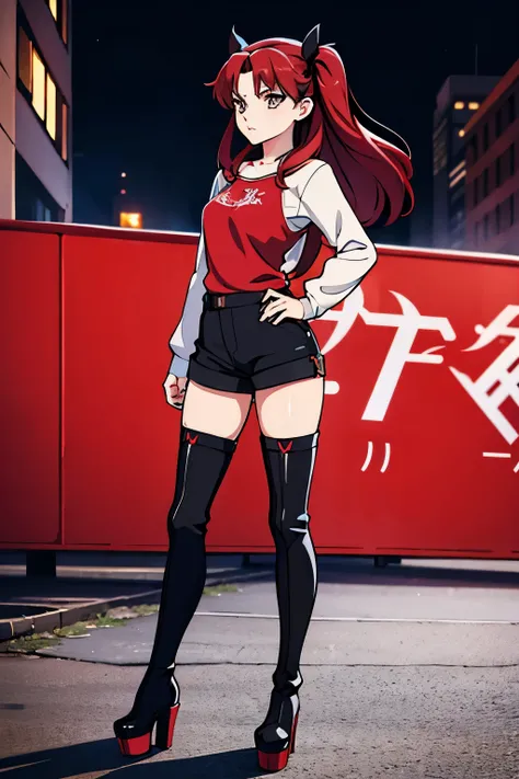 Rin Tohsaka, anime girl, shorts, shirt, boots, platform boots, standing, thigh boots, black boots, high heels, street