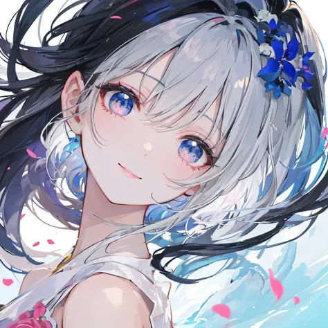 Beautiful woman, cute, A dignified expression, smile, Fleeting Expression, Transparency, ponytail, Forward Shorthair, Black Hair, Blue Hair, Silver Hair, flower, Cool, Clear sky, The wind is blowing, Gradient Hair, Ray Tracing, reflected light, Anime Style...