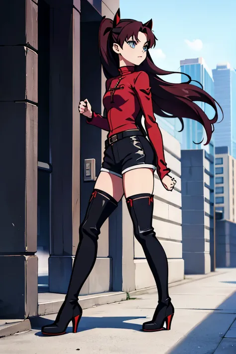 Rin Tohsaka, anime girl, shorts, boots, thigh boots, black boots, black footwear, high heels, street, city, walking