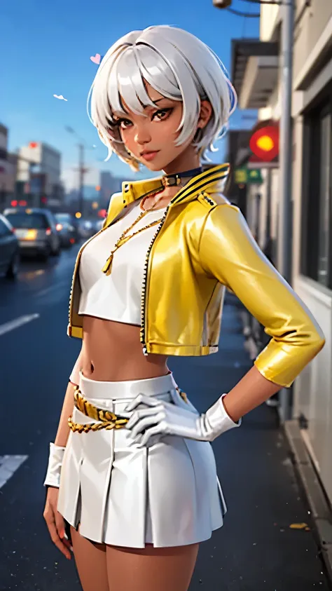 City detailed background, city detailed scenario, 1girl, solo, AphroditeFN, crop top, Gold crop top, yellow crop top, open clothes, jacket crop top, white jacket, mini skirt, white skirt, one glove, white hair, short hair, heart, dark skin