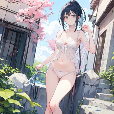 Beautiful woman, cute, A dignified expression, smile, Fleeting Expression, Transparency, ponytail, Forward Shorthair, Black Hair, Blue Hair, Silver Hair, flower, Cool, Clear sky, The wind is blowing, Gradient Hair, Ray Tracing, reflected light, Anime Style...