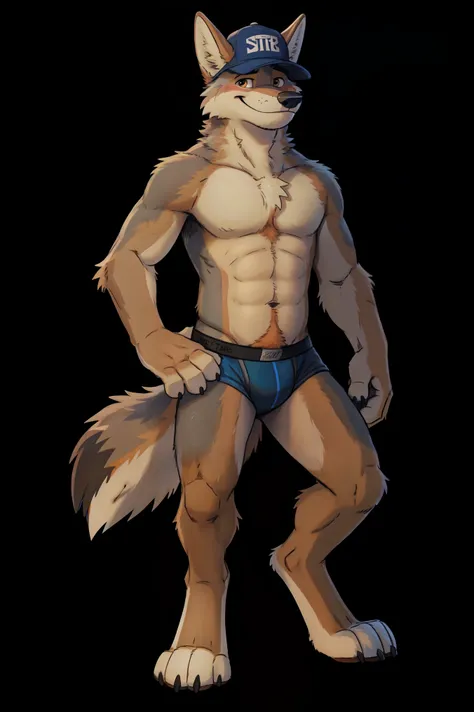 (pinup), Anthro, male, solo, full length portrait, canid, (coyote:1.1), athletic, abs, muscular, smile, blushing, digitigrade, barefoot, underwear, trucker hat, happy trail, chest tuft, elbow tuft, (black background:1.1), digital artwork, (flat colors:1.2)...