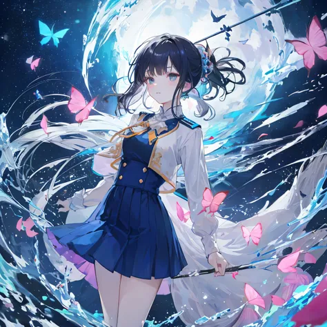 Beautiful woman, cute, A dignified expression, Transparency, gem, long hair, ponytail, Forward Shorthair, Black Hair, Blue Hair, Silver Hair, flower, Cool, blue sky, Starry Sky, The wind is blowing, Gradient Hair, Ray Tracing, reflected light, Anime Style,...