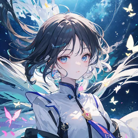 Beautiful woman, cute, A dignified expression, Transparency, gem, long hair, ponytail, Forward Shorthair, Black Hair, Blue Hair, Silver Hair, flower,Cool, blue sky, Starry Sky, The wind is blowing, Gradient Hair, Ray Tracing, reflected light, Anime Style, ...