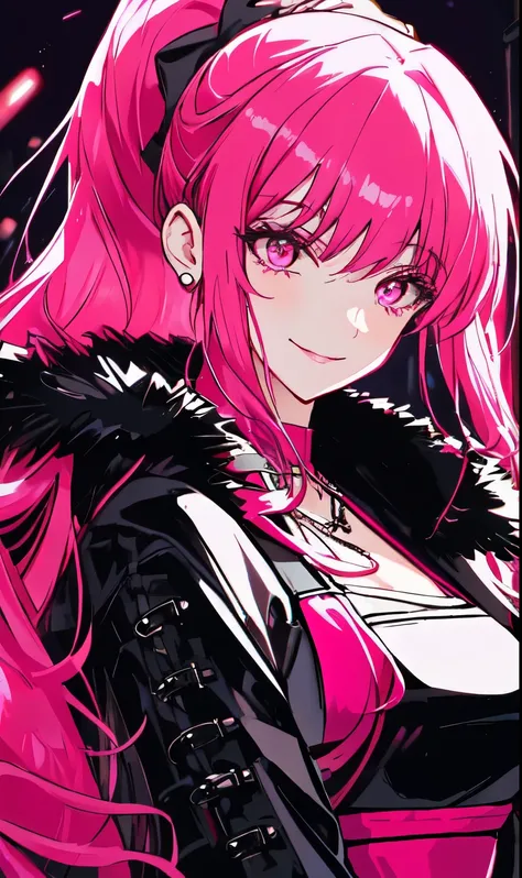 A beautiful gothic woman with long hot pink hair (haircut with bangs and ponytail), Latin eyes, smiling sweetly, wearing a stylish cyberpunk neon pink dress and a long fur jacket, Empty background of candlelit medieval street