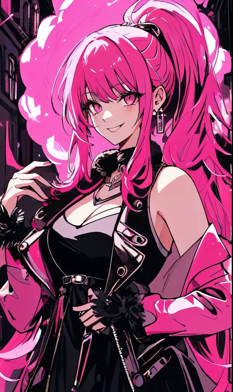 A beautiful gothic woman with long hot pink hair (haircut with bangs and ponytail), Latin eyes, smiling sweetly, wearing a stylish cyberpunk neon pink dress and a long fur jacket, Empty background of candlelit medieval street