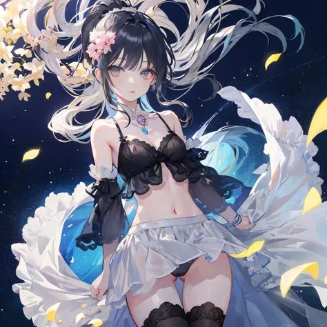 Beautiful woman, cute, A dignified expression, Transparency, gem, long hair, lingerie, skirt, Black Hair, Blue Hair, Silver Hair, flower,Cool, Starry Sky, The wind is blowing, Gradient Hair, First Person View, Ray Tracing, reflected light, Anime Style, mas...