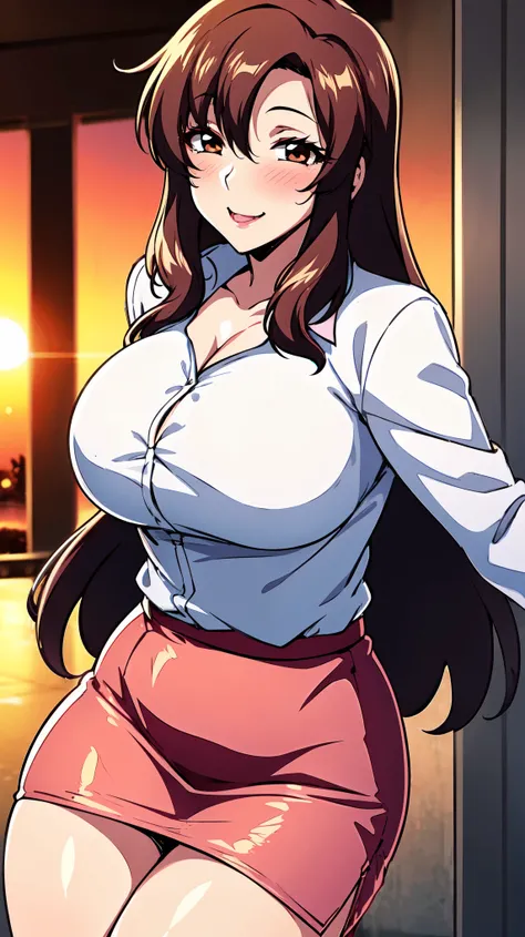 （（super high quality,Ultra-high resolution,16K,super masterpiece,Ultra HD ,Detailed shading,））Sunset entrance,One sexy mature woman,（（Sexy pink dress shirt,popped Tight collar,））Long sleeve,Red Long Tight Skirt,Looking at the camera,Brown medium long hair,...