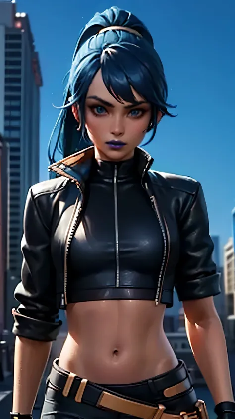 City detailed background, city detailed scenario, SplitScreen, splitscreen, 1girl, solo, HeroicHopeFN, crop top, black top, open clothes, jacket crop top, black jacket, blacks pants, white skirt, one gloves, blue hair, ponytail, blue eyes, headset, blue li...