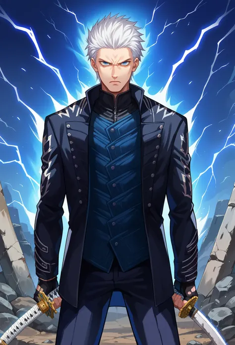 score_9, score_8_up, score_7_up, source_anime, 1boy, solo, dmc5vergil,  white hair, blue eyes, black coat, fingerless gloves, pa...