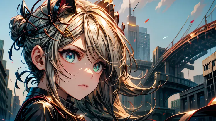 1 girl in、Eyes swaying anxiously、profile、Prone to the right、Eyelids lowered、Gray hair、Longhaire、Green eyes、On the sides of the head are attached golden cat-shaped hairpins