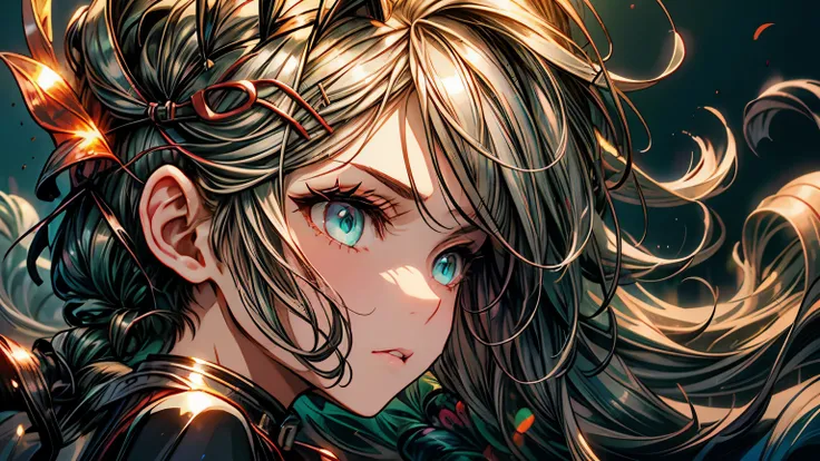 1 girl in、Eyes swaying anxiously、profile、Prone to the right、Eyelids lowered、Gray hair、Longhaire、Green eyes、On the sides of the head are attached golden cat-shaped hairpins