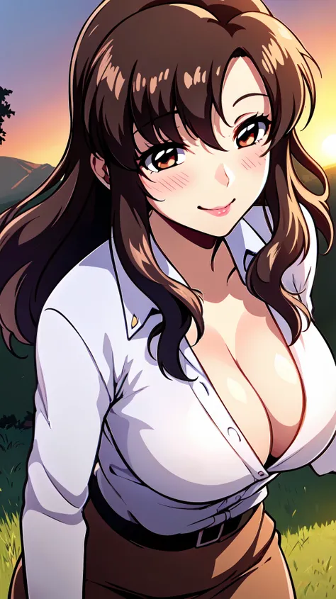 （（super high quality,Ultra-high resolution,16K,super masterpiece,Ultra HD ,Detailed shading,））A park on a hilltop in the setting sun,One sexy mature woman,（（Sexy pink dress shirt,popped Tight collar,））Folded long sleeves,Red pencil skirt,Looking at the cam...