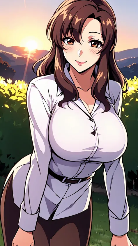 （（super high quality,Ultra-high resolution,16K,super masterpiece,Ultra HD ,Detailed shading,））A park on a hilltop in the setting sun,One sexy mature woman,（（Sexy pink dress shirt,popped Tight collar,））Folded long sleeves,Red pencil skirt,Looking at the cam...