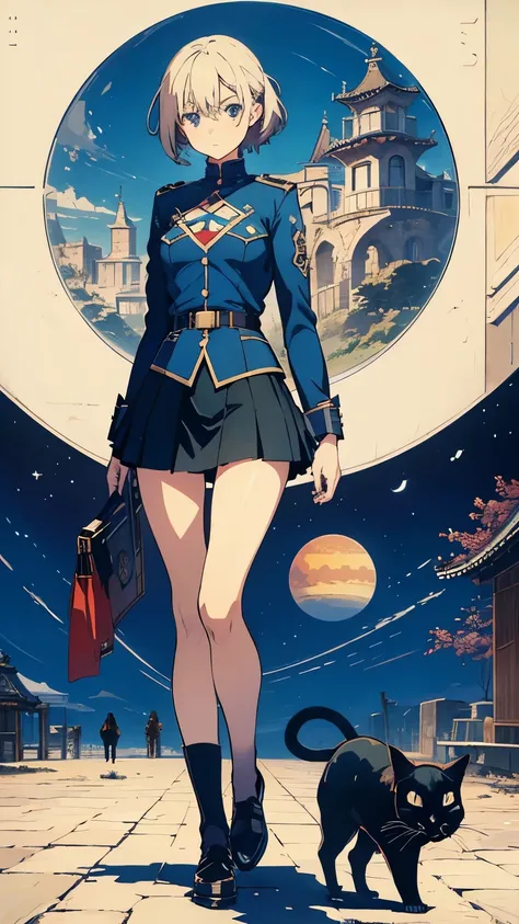 Max Ernst, Endre Nemes, Norman Saunders, Jason Gamber, Margaret Brundage, Surrealism, wonder, strange, bizarre, fantasy, Sci-fi, Japanese anime, world map on the inner surface of a sphere, back side, miniskirt beautiful high school girl and cat taking a wa...