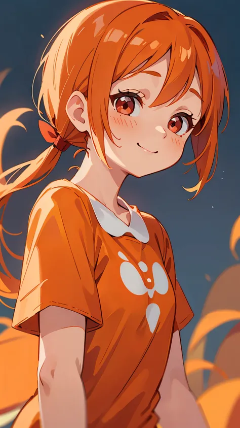 One Young Woman、alone、Orange blouse shirt、Orange Hair、Side Ponytail、Beautiful red eyes、A gentle gaze、smile、Upper body close-up、Shrimp mascot、Delicate contours、Under the moonlight、Background Blur