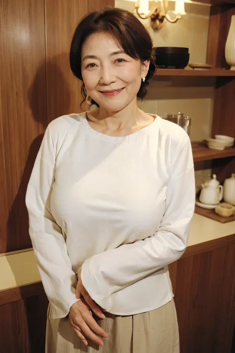 Osakas aunt、Organic Photography、Highest quality、masterpiece、Ultra-high resolution、Beautiful Japanese old lady、60 years old、Looking at the audience、Elegant face、Smiling with teeth showing、Big Breasts、Wearing a plain short-sleeved knit、Wavy Hair、mini skirt、E...