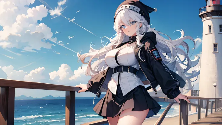 masterpiece, high quality, A beautiful woman next to a lighthouse, Long hair, wavy hair, White hair, blue eyes, smiling face, big breasts, juicy breasts, Open shirt, short skirt, black jacket, black beanie hat, Whole body, bottom of a pier