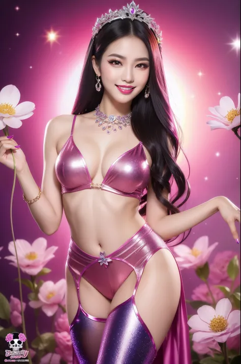 sexy Thai model who controls poison、beautiful smile、lip-gloss、bold lipstick、long lashes, metallic makeup、look at the camera、full body Esbian、、sparkling poisoned flower costume、、、、sparkling Colorful hair、secrete poison、skull hair accessories、sexy tights、shi...