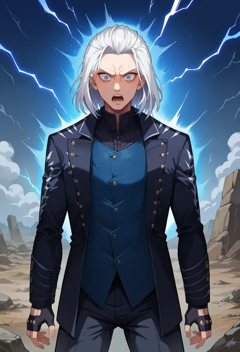 score_9, score_8_up, score_7_up, source_anime, 1boy, female focus, solo, dmc5vergil, breasts, white hair, (medium hair:1.5),  blue eyes, black coat, fingerless gloves, pants, standing, surprised face, looking at down, blue aura, lightning, wasteland, gray ...