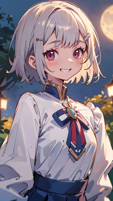 Highest quality、Teenage Girl、High resolution、Beautiful details、Quiet atmosphere、Small breasts、Short silver bob hair held together with a hair clip, Pink Eyes、Grin、Upper body close-up、White blouse shirt with ethnic patterns、Thick outline、Park under the moon...