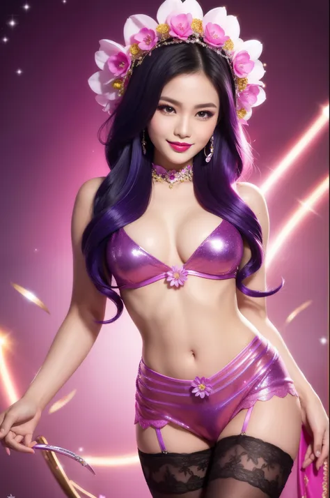 sexy Thai model who controls poison、beautiful smile、lipgloss、bold lipstick、intense makeup、look at the camera、full body Esbian、、sparkling poisoned flower costume、、、、sparkling Colorful hair、secrete poison、skull hair accessories、sexy tights、shiny sparkling fl...