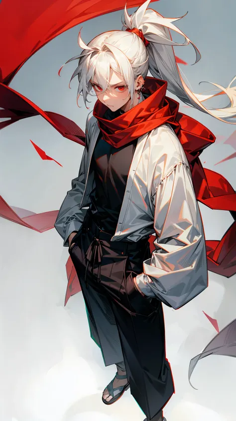 1male, Adult, Ponytail, White Hair, White Baggy Long Sleeve Shirt, Baggy Black Pants, Red Eyes, Red Scarf, Earring, Masculine