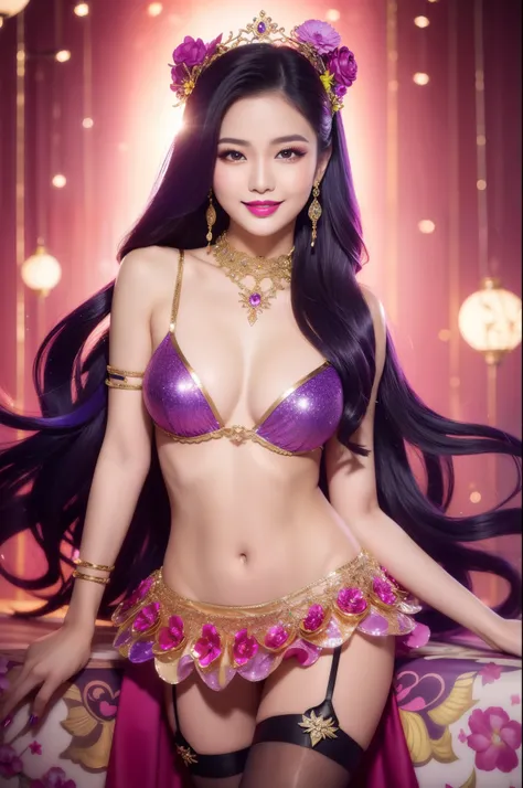 sexy Thai model who controls poison、beautiful smile、lipgloss、bold lipstick、intense makeup、look at the camera、full body Esbian、、sparkling poisoned flower costume、、、、sparkling Colorful hair、secrete poison、skull hair accessories、sexy tights、shiny sparkling fl...