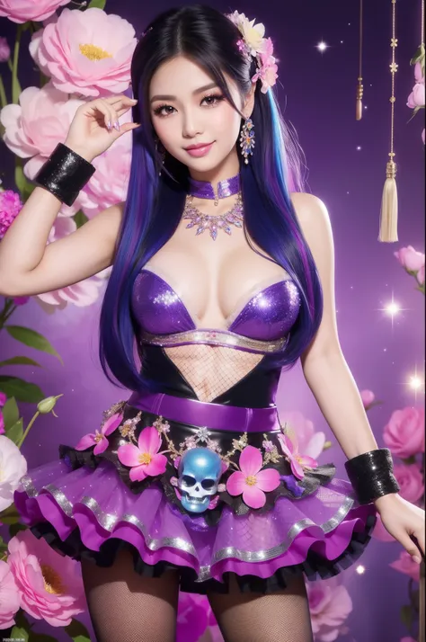 sexy Thai model who controls poison、beautiful smile、lipgloss、long lashes、smokey eyeshadow、look at the camera、full body Esbian、、sparkling poisoned flower costume、、、、sparkling Colorful hair、secrete poison、skull hair accessories、fishnet tights、shiny sparkling...