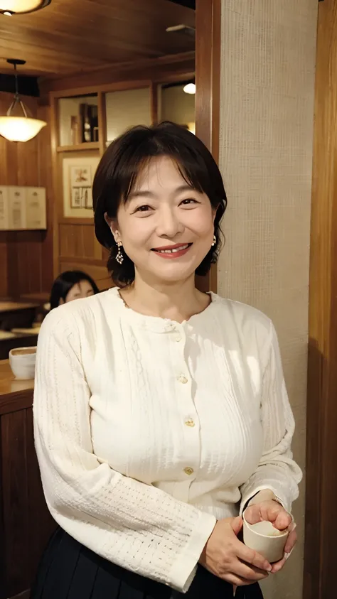 Osakas aunt、Organic Photography、Highest quality、masterpiece、Ultra-high resolution、Beautiful Japanese old lady、60 years old、Looking at the audience、Elegant face、Smiling with teeth showing、Big Breasts、Wearing a plain short-sleeved knit、Wavy Hair、mini skirt、E...