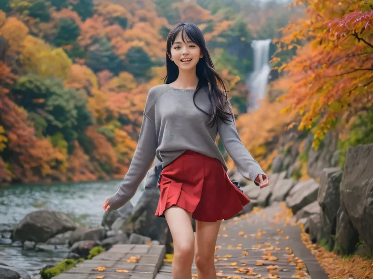 (Close up face shot of one slender small breasts dark silver long hair with swept bangs girl in a long sleeves shirt and sweater and skirt:1.5)、(One girl is dancing with happy smile on the dart road near the lake and big waterfall in Japan:1.5)、(Beautiful ...