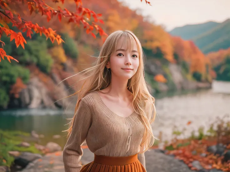 (Close up face shot of one slender small breasts half up blonde long hair with bangs girl in a long sleeves shirt and sweater and skirt:1.5)、(One blonde hair girl is dancing with small smile on the dart road near the lake and big waterfall in Japan:1.5)、(B...