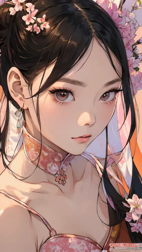 Beautiful and charming Chinese woman、Half-body photo、Delicate and sexy collarbone、Attractive oval face、double eyelid、Bright peach blossom eyes、Pink Lips、Small Nose、Wink、Concentrated face、Face close-up、Black Hair、Bun Hair、Ultra-high resolution、Super detaile...