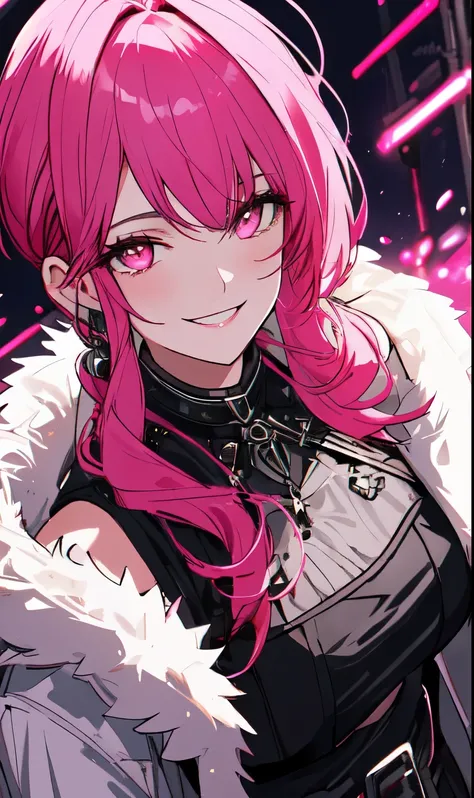 A beautiful gothic woman with long hot pink hair (haircut with bangs and ponytail), Latin eyes, smiling sweetly, wearing a stylish cyberpunk neon pink dress and a long fur jacket, Empty background of candlelit medieval street