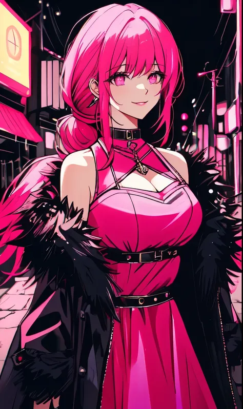 A beautiful gothic woman with long hot pink hair (haircut with bangs and ponytail), Latin eyes, smiling sweetly, wearing a stylish cyberpunk neon pink dress and a long fur jacket, Empty background of candlelit medieval street