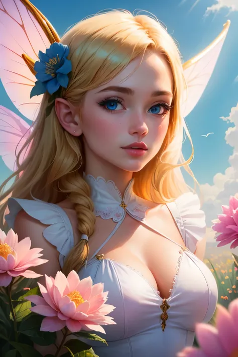 In a more realistic style,A big blonde fairy with blue eyes with a dress made of flowers sitting on top of a big pink flower looking at the camera that is above